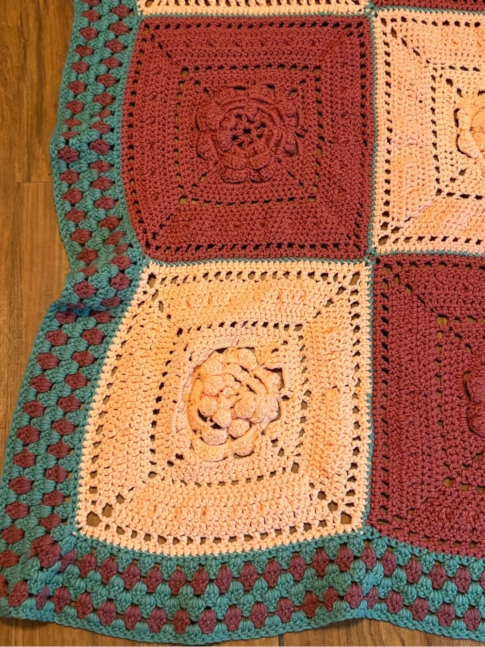 Vtg Granny Afghan Blanket 3D Flower Power Handmade Crochet 49X47” Cottagecore